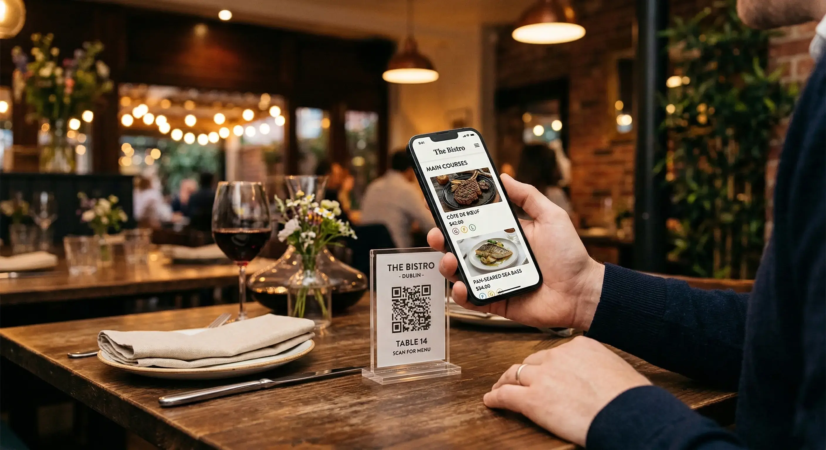 Restoran masasında QR menü standı ve telefonunda açık dijital menü gören bir misafir