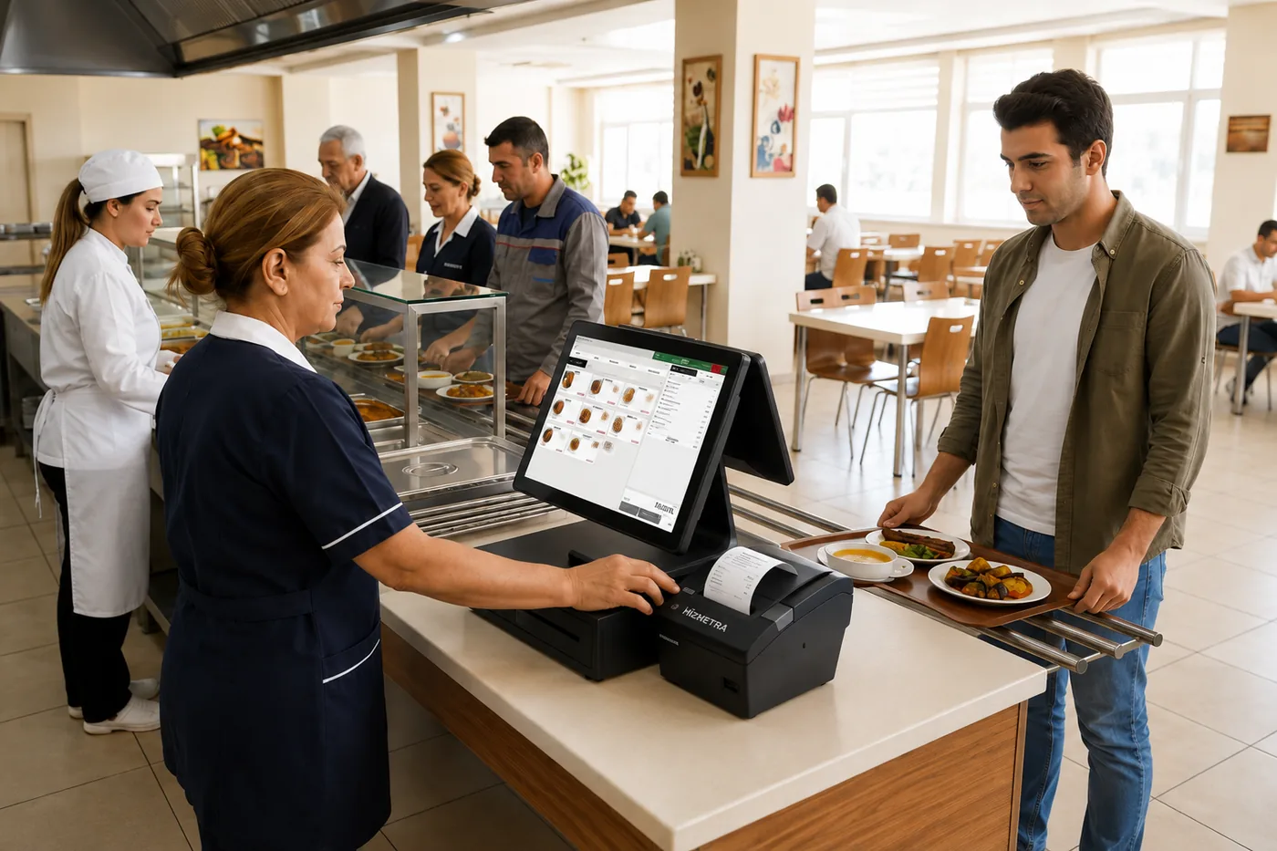 Self servis yemekhanede müşteri POS ekranından sipariş veriyor