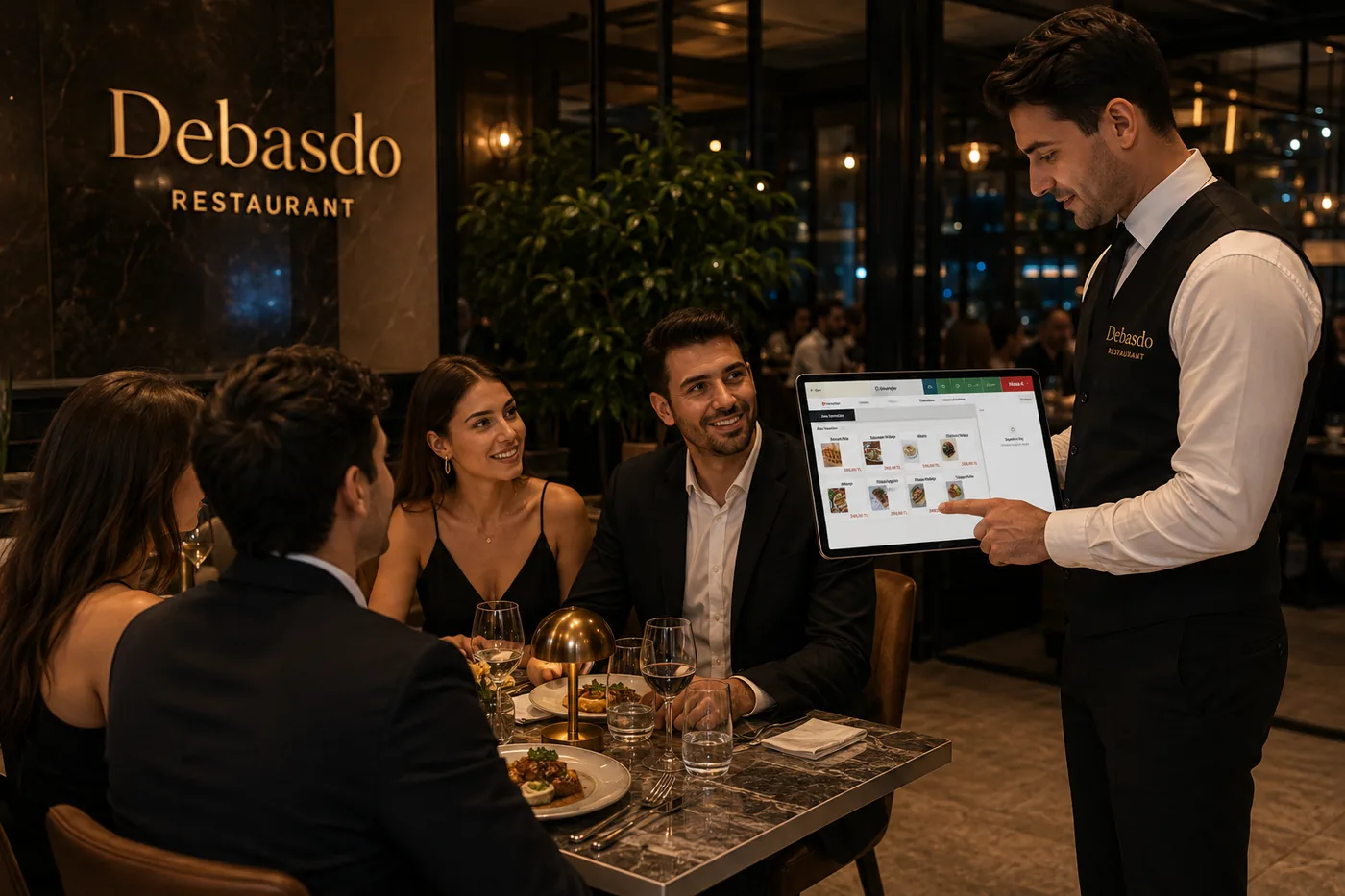 Restoranda garson tabletten masa siparişi alıyor