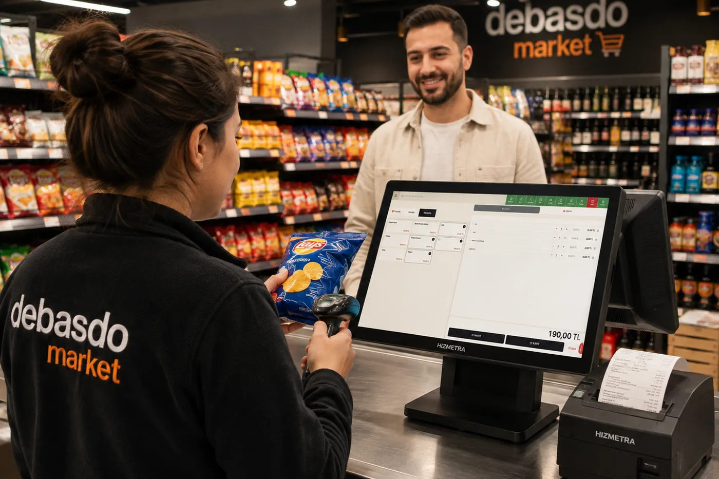 Markette kasiyer barkod okuyucu ile ürün okutuyor
